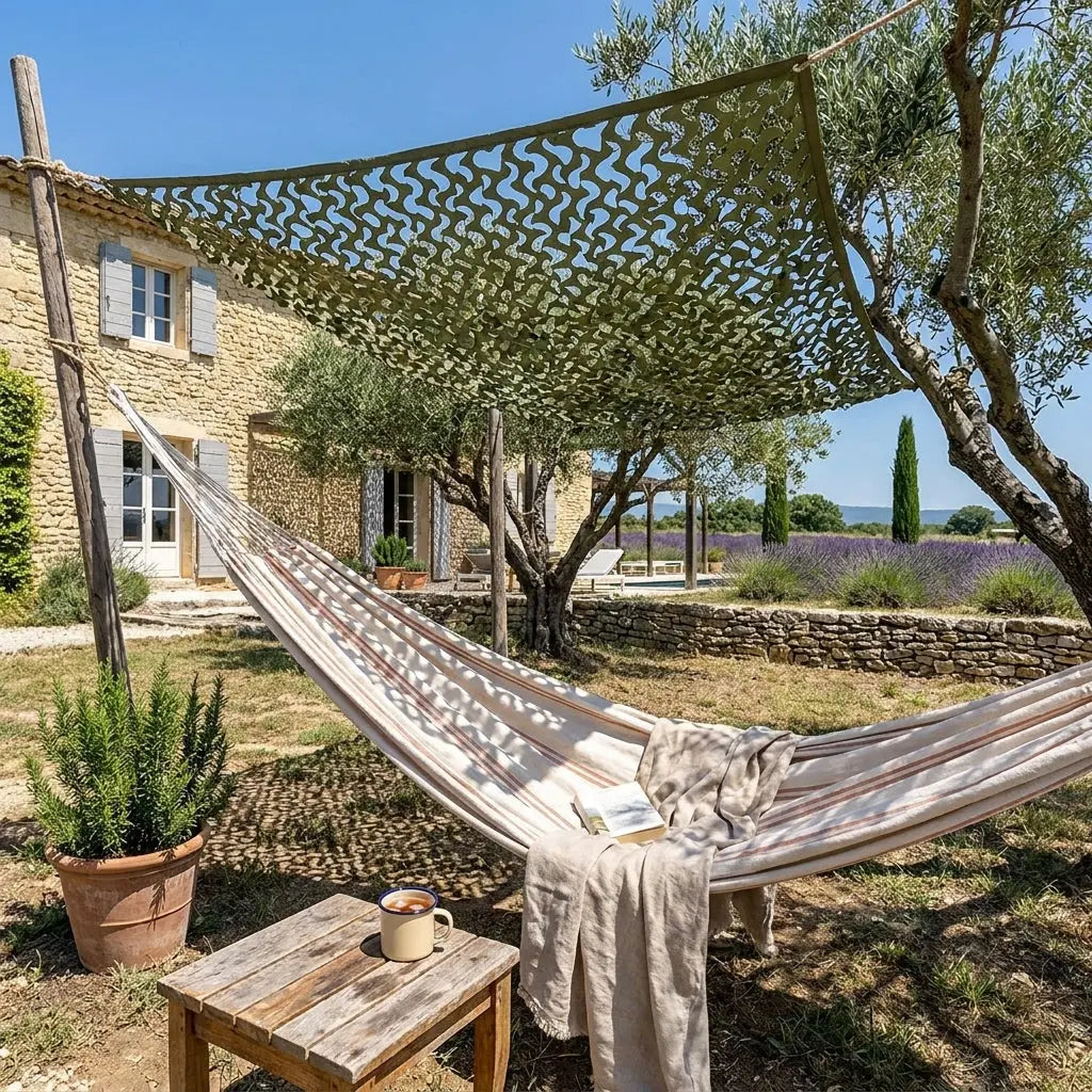 Filet d'ombrage en camouflage vert dans un jardin