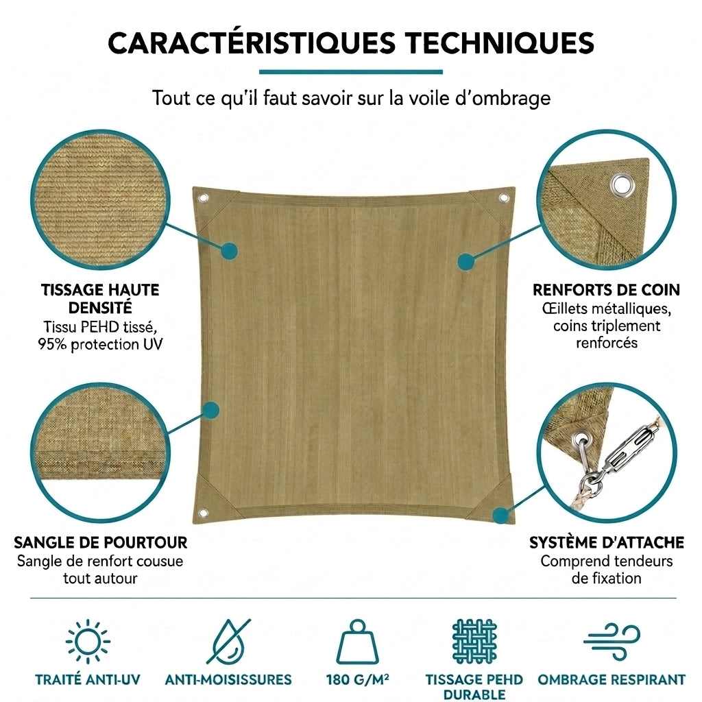 Voile d'ombrage carré kaki