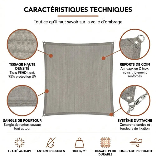 Voile d'ombrage rectangulaire gris
