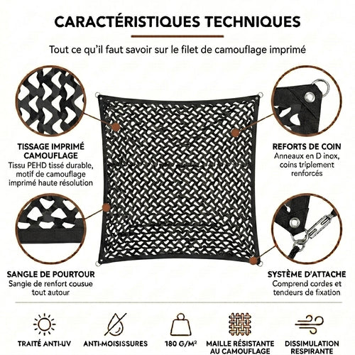 Filet de camouflage renforcé en câble acier