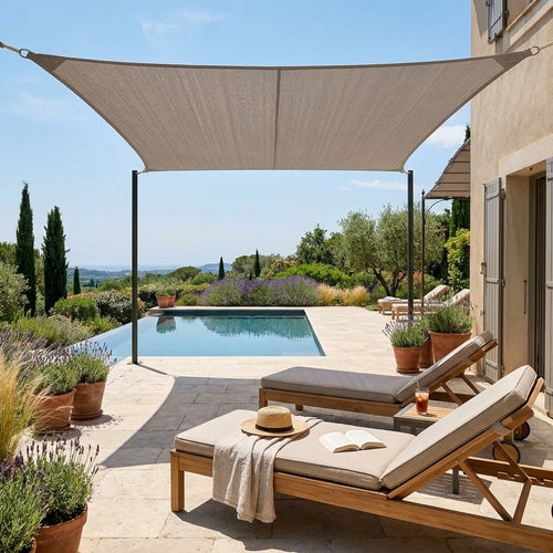 Voile d'ombrage kaki au bord de la piscine