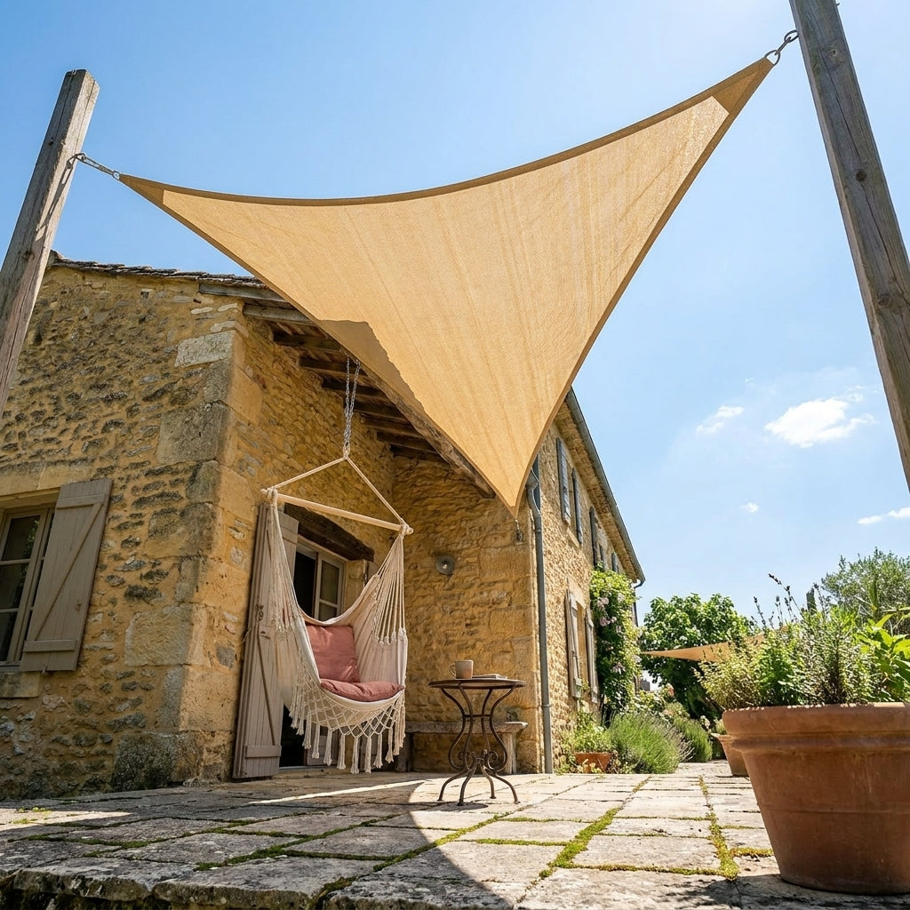 Voile d'ombrage triangulaire sable - installation sur terrasse