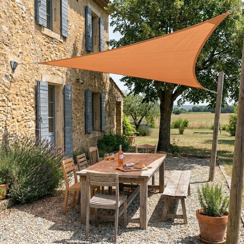 Voile d'ombrage triangulaire orange - mise en situation extérieure