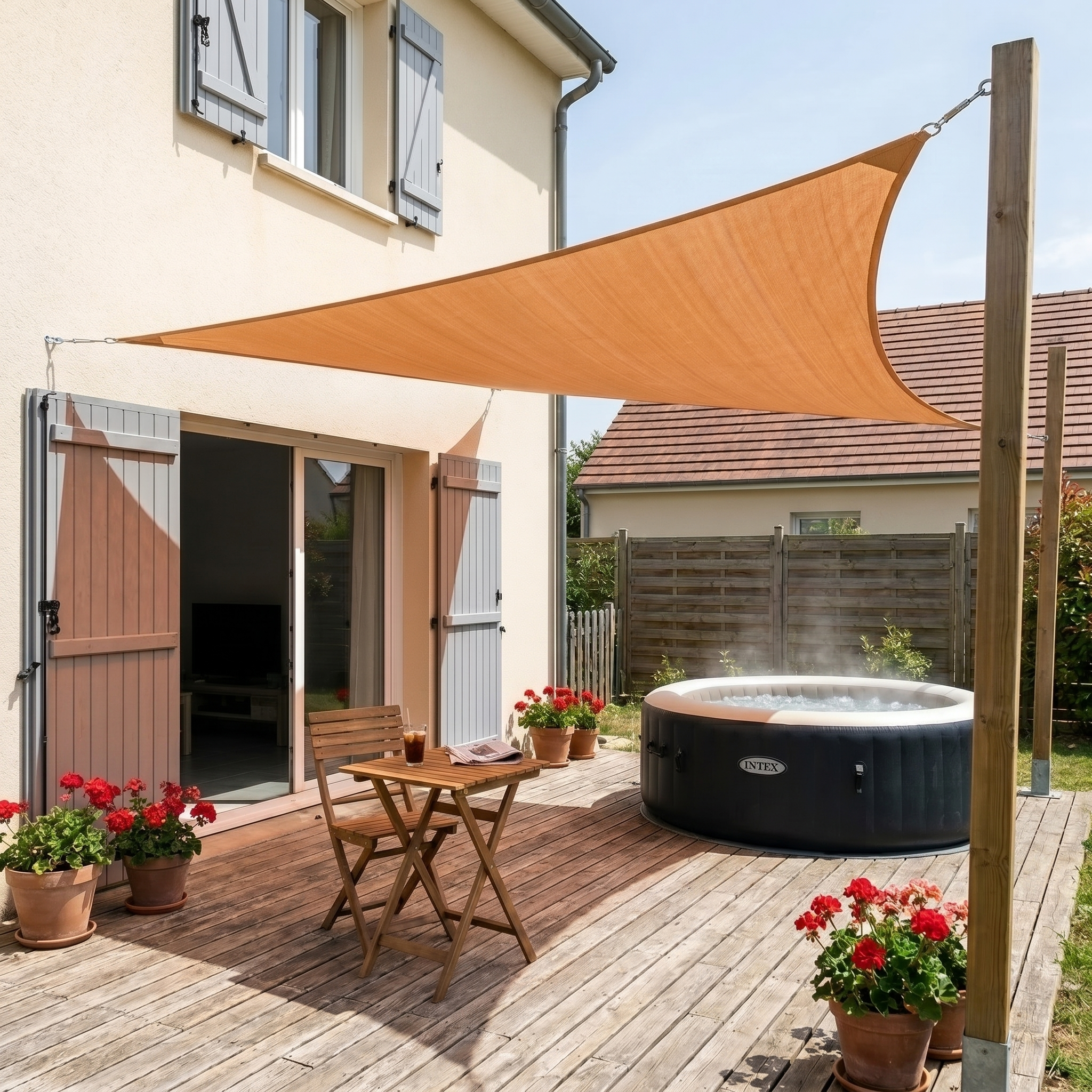Voile d'ombrage triangulaire orange - aménagement extérieur