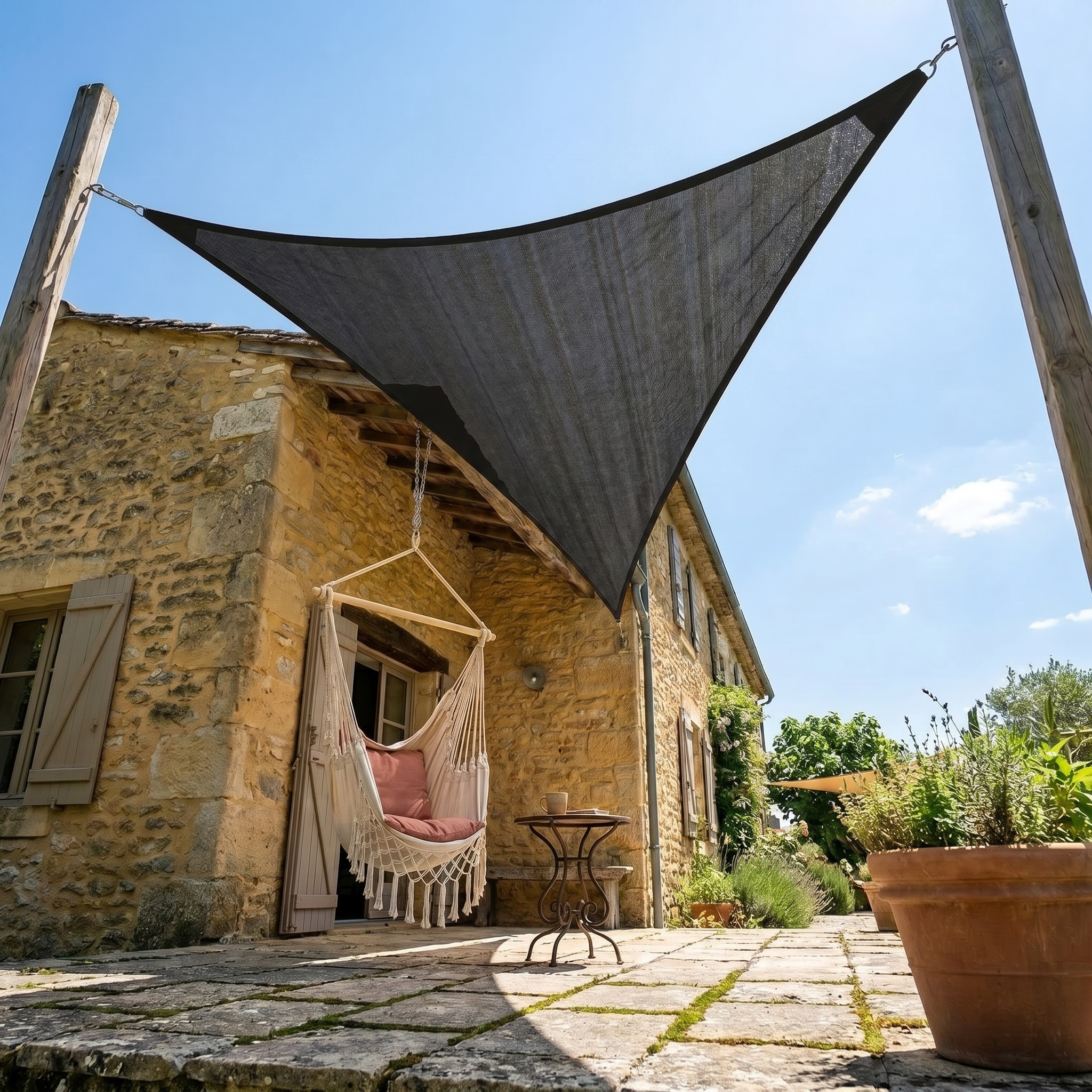 Voile d'ombrage triangulaire noir - installation sur terrasse