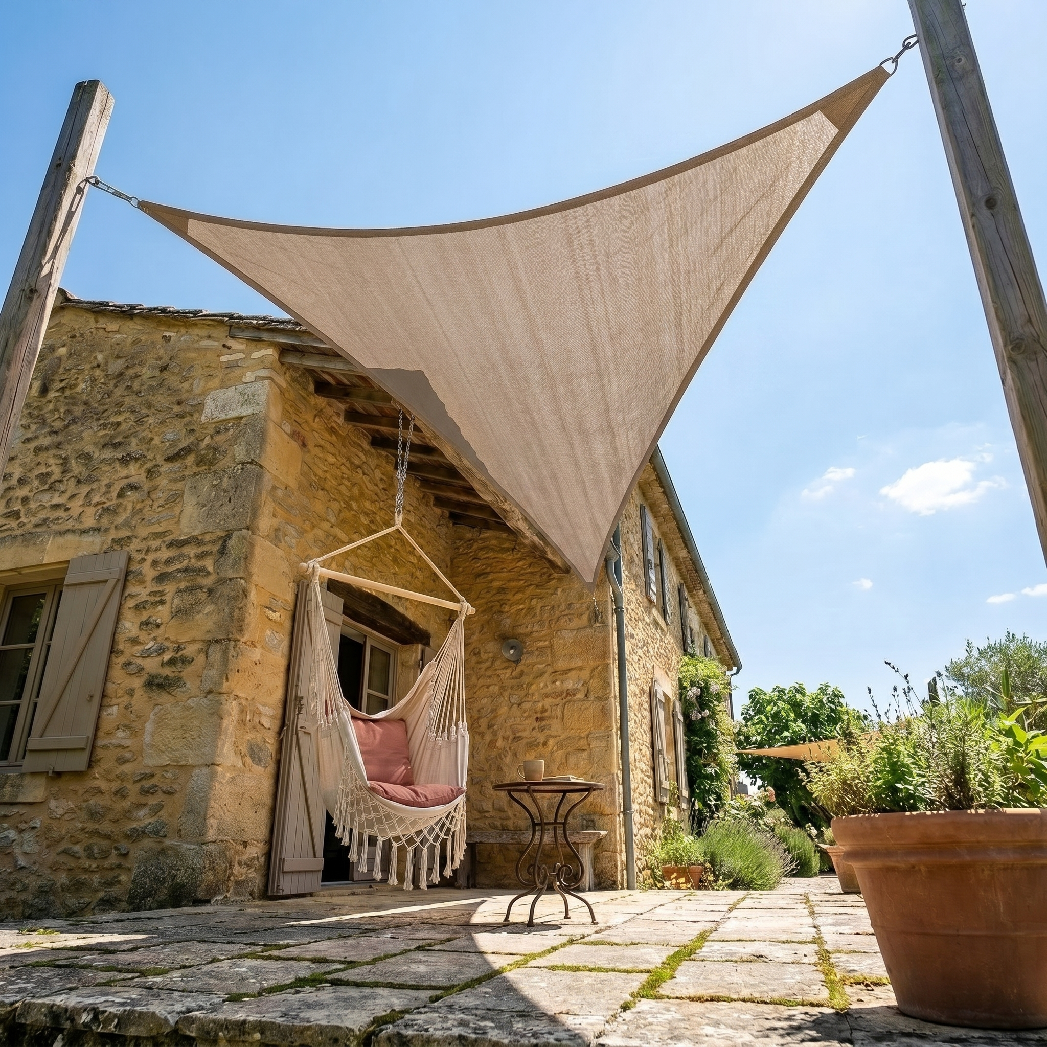 Voile d'ombrage triangulaire kaki - installation sur terrasse