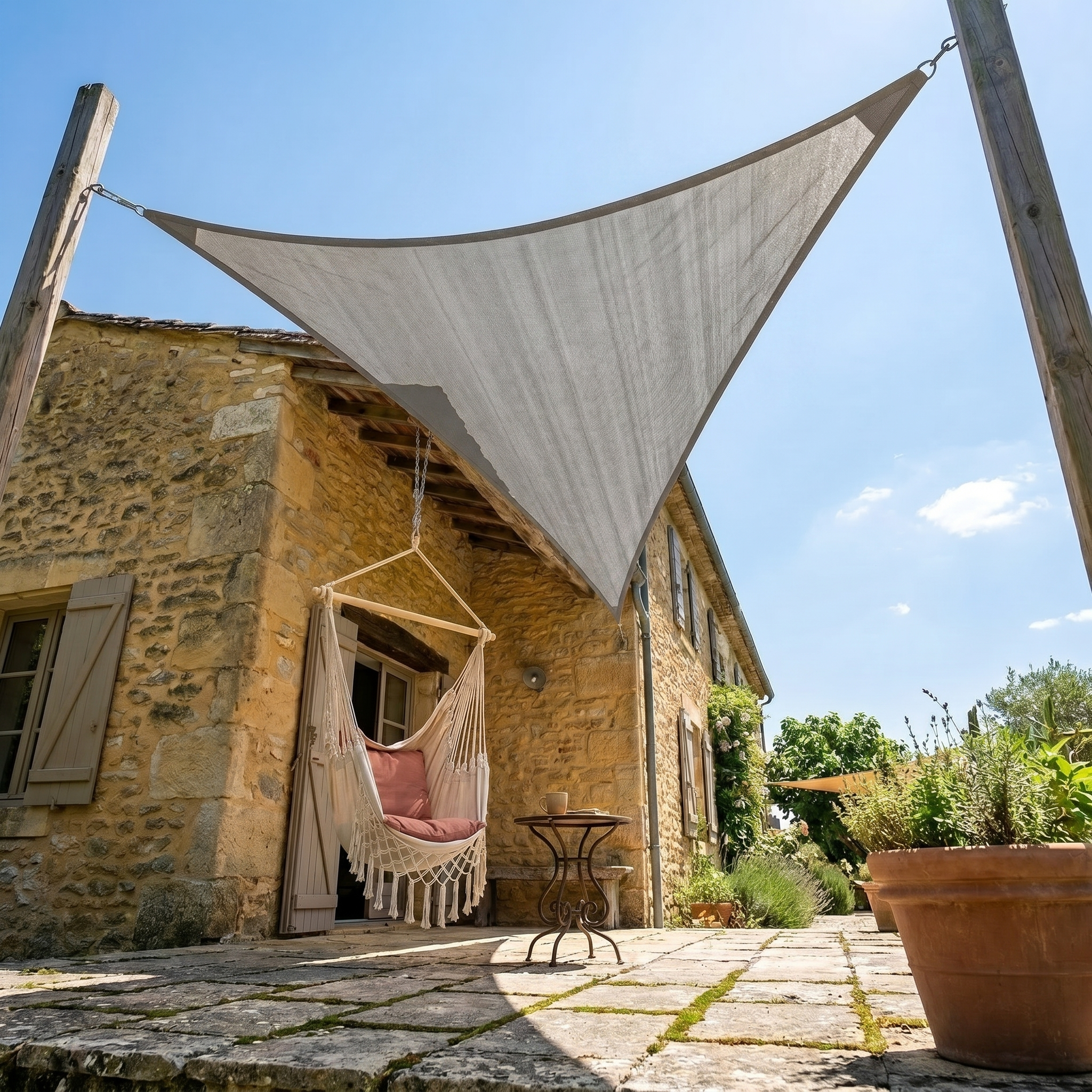 Voile d'ombrage triangulaire gris - installation sur terrasse