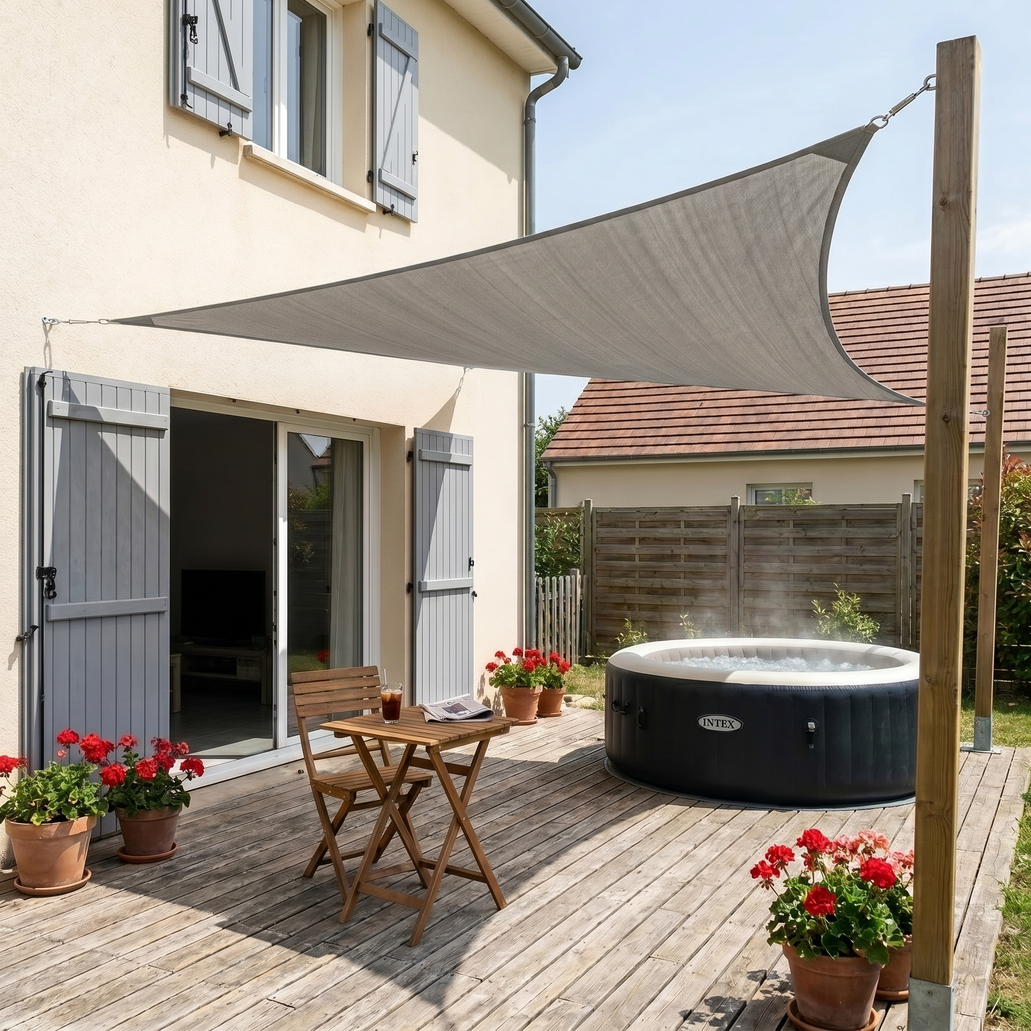 Voile d'ombrage triangulaire gris - aménagement extérieur