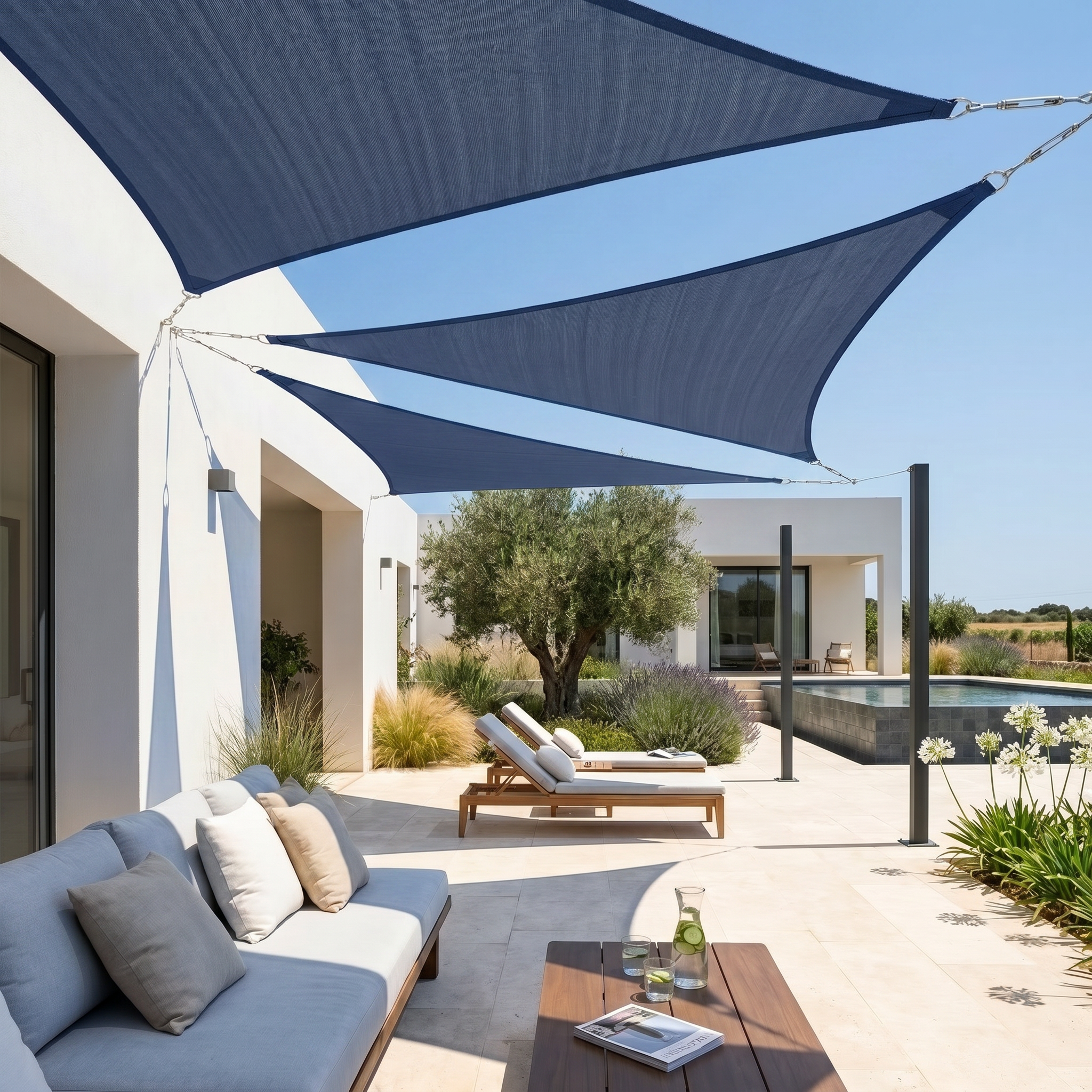 Voile d'ombrage triangulaire bleu - vue rapprochée