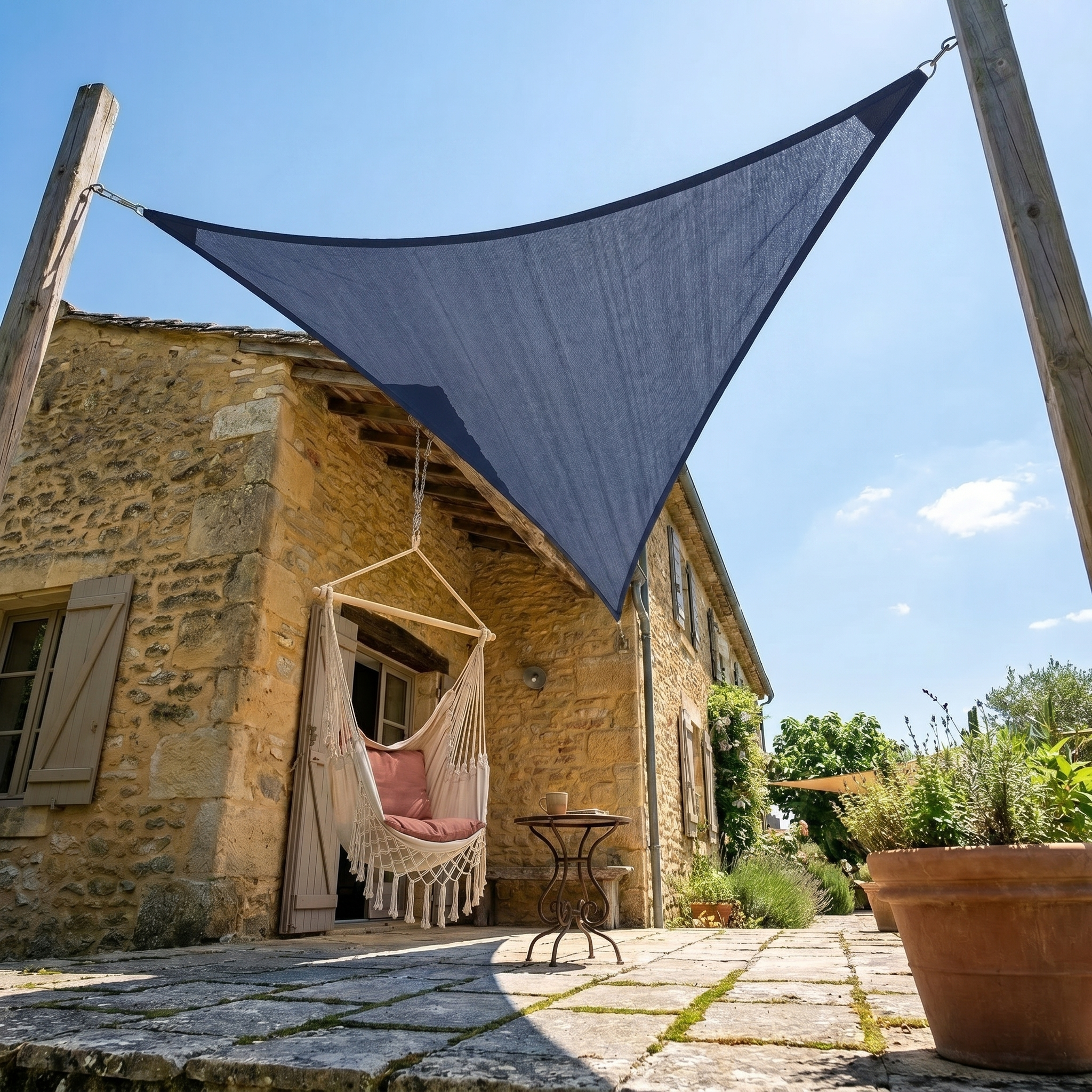 Voile d'ombrage triangulaire bleu - installation sur terrasse