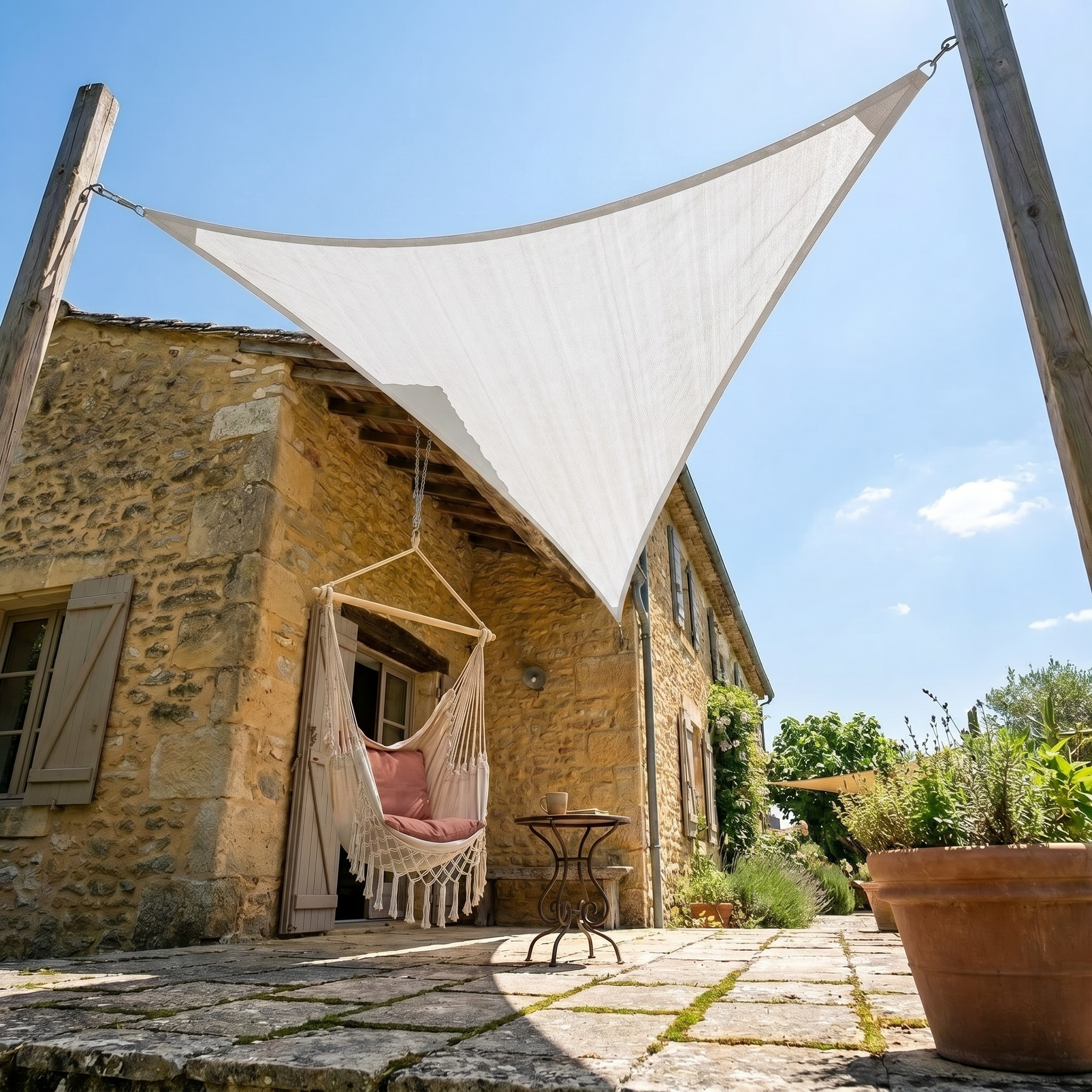 Voile d'ombrage triangulaire blanc - installation sur terrasse