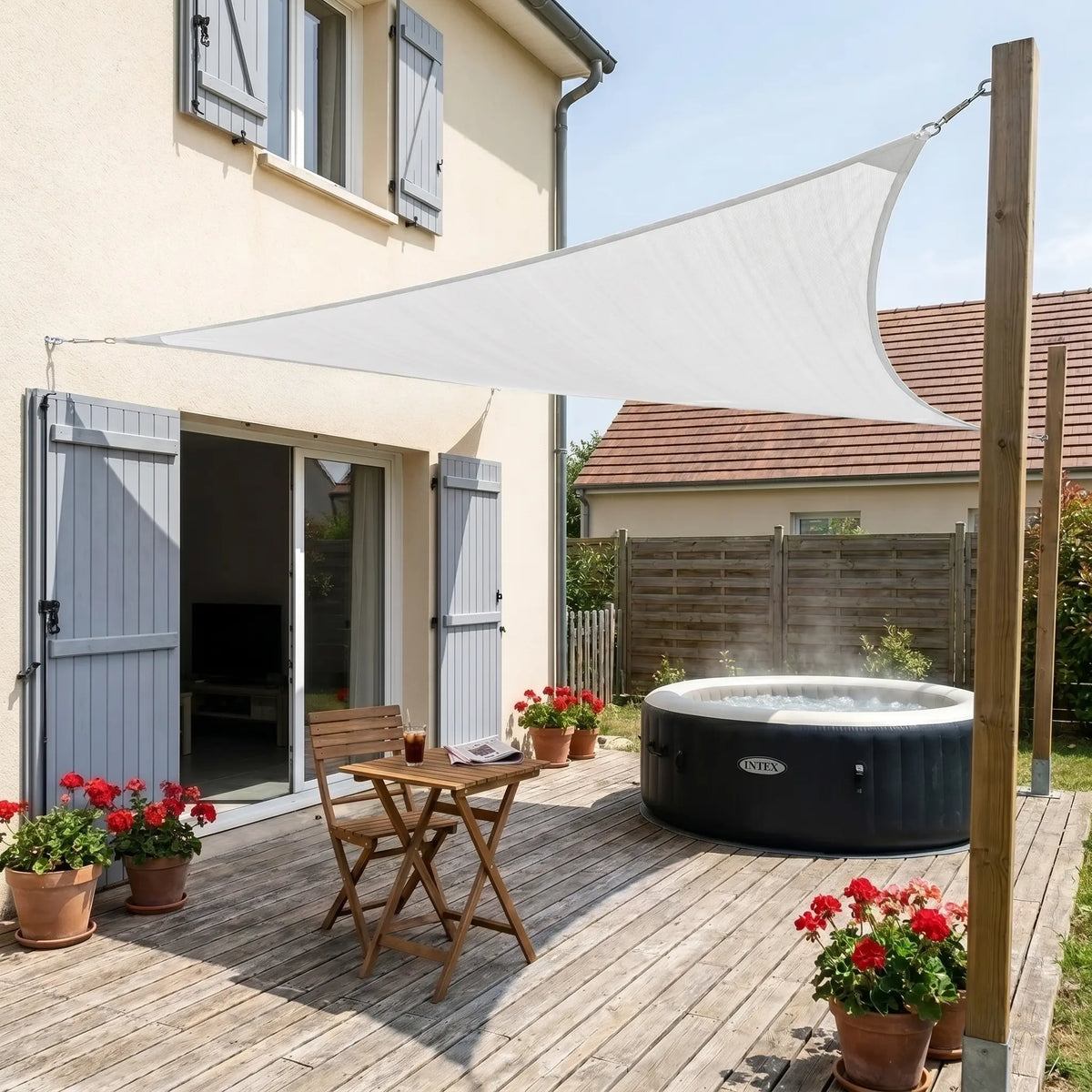 Voile d'ombrage triangulaire blanc - aménagement extérieur