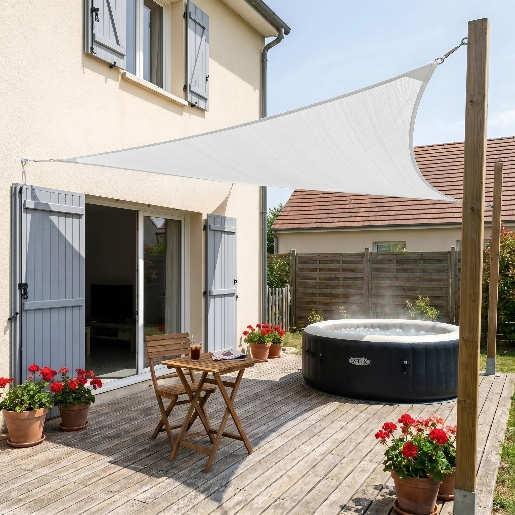 Voile d'ombrage triangulaire blanc - aménagement extérieur