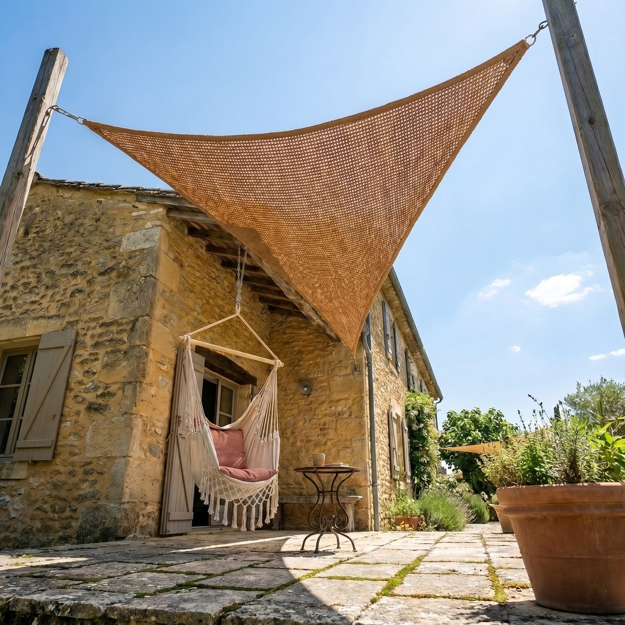 Voile d'ombrage fibre de coco triangulaire - installation sur terrasse