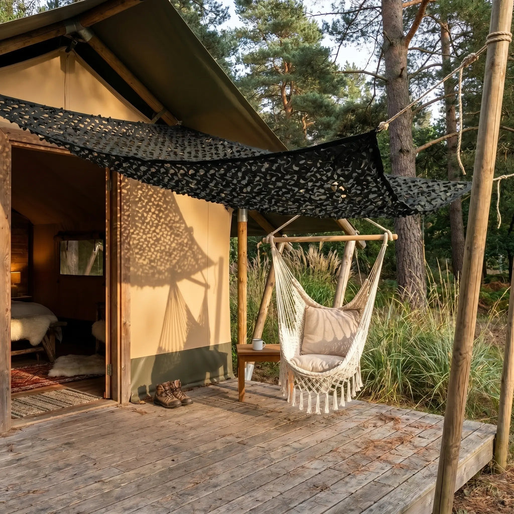 Filet d'ombrage en camouflage noir - installation sur terrasse