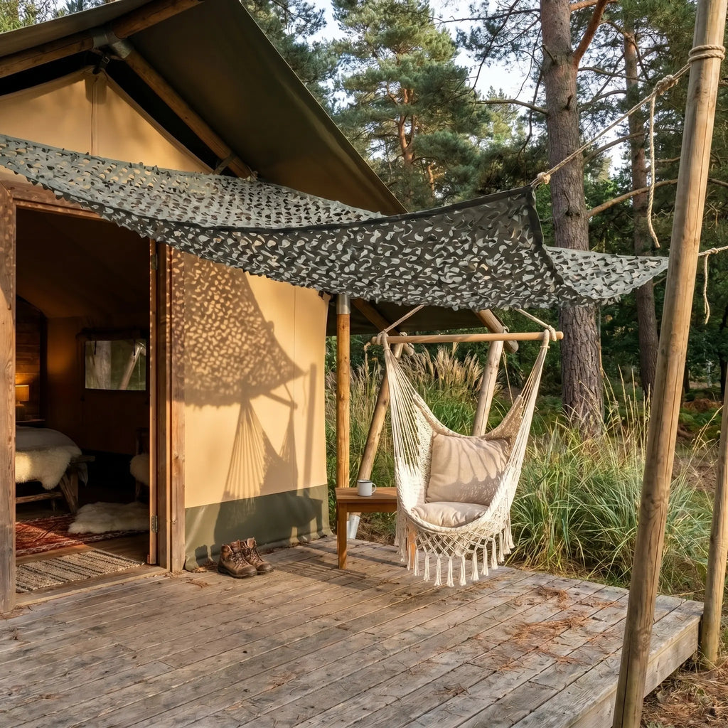 Filet d'ombrage en camouflage gris - installation sur terrasse